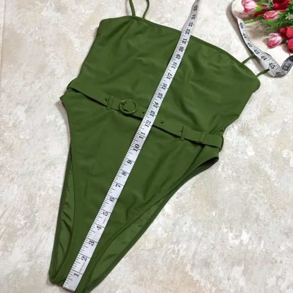 F21 Olive Green Belted High Leg One Piece Swimsuit - Picture 8 of 16